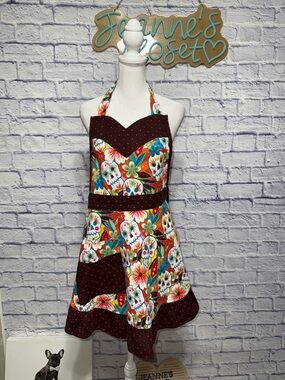 Sassy apron handmade sugar skull polka dot trim apron